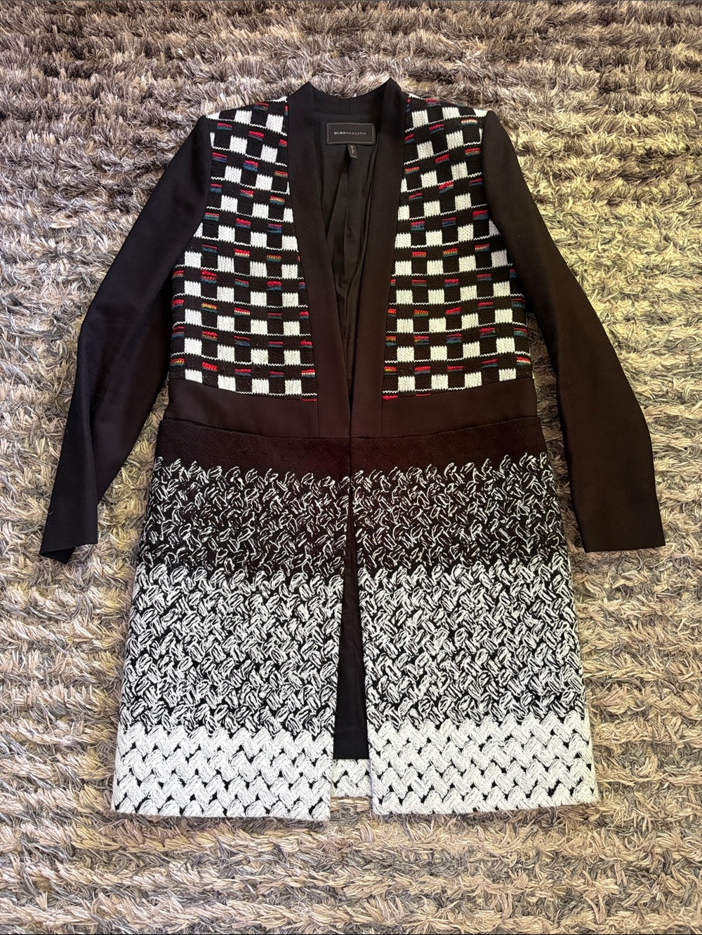 BCBGMaxAzria Black Trench Coat with Red and White Geometric Panels XXS